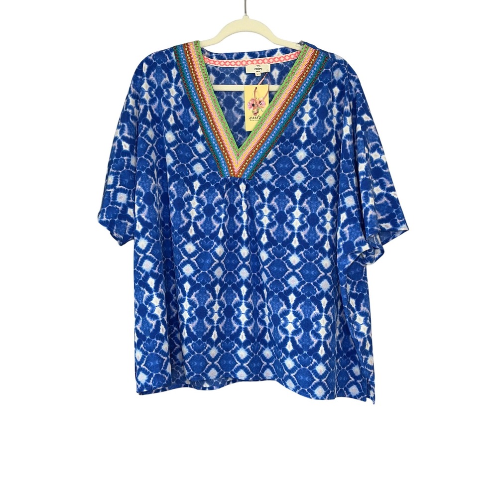 Entro Blue Tie Dye Embroidered V-Neck Blouse‎ Short Sleeve Boho Top L T22858